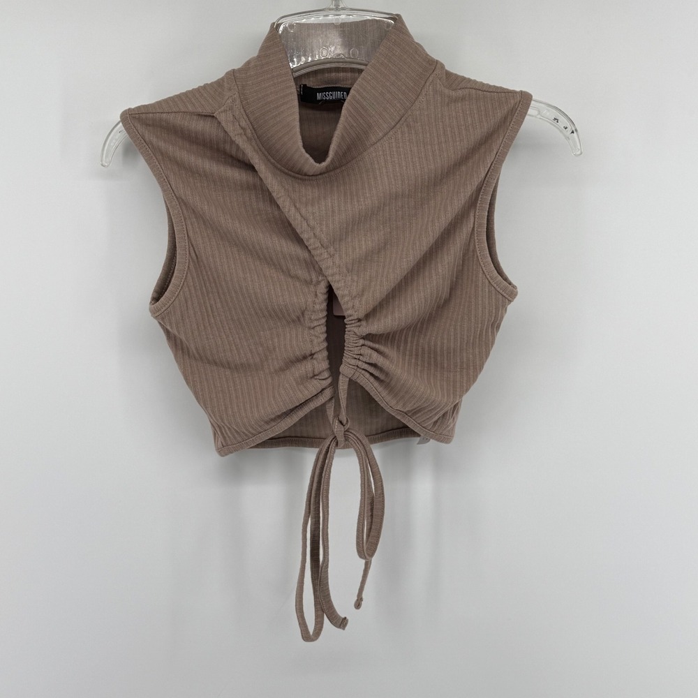 Missguided Womens Tie Detail Wrap Top Taupe Ribbed Mock Neck Crop US 8 NEW